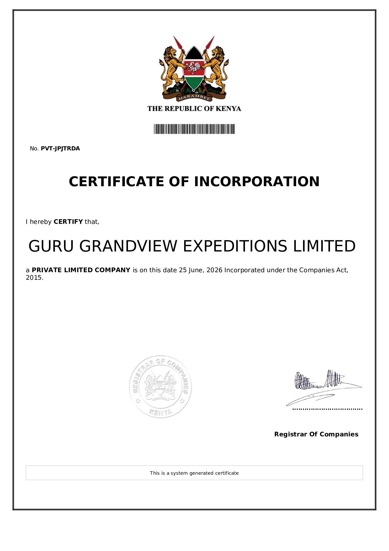 Certificate of Registration - Guru Grandview Expeditions Limited